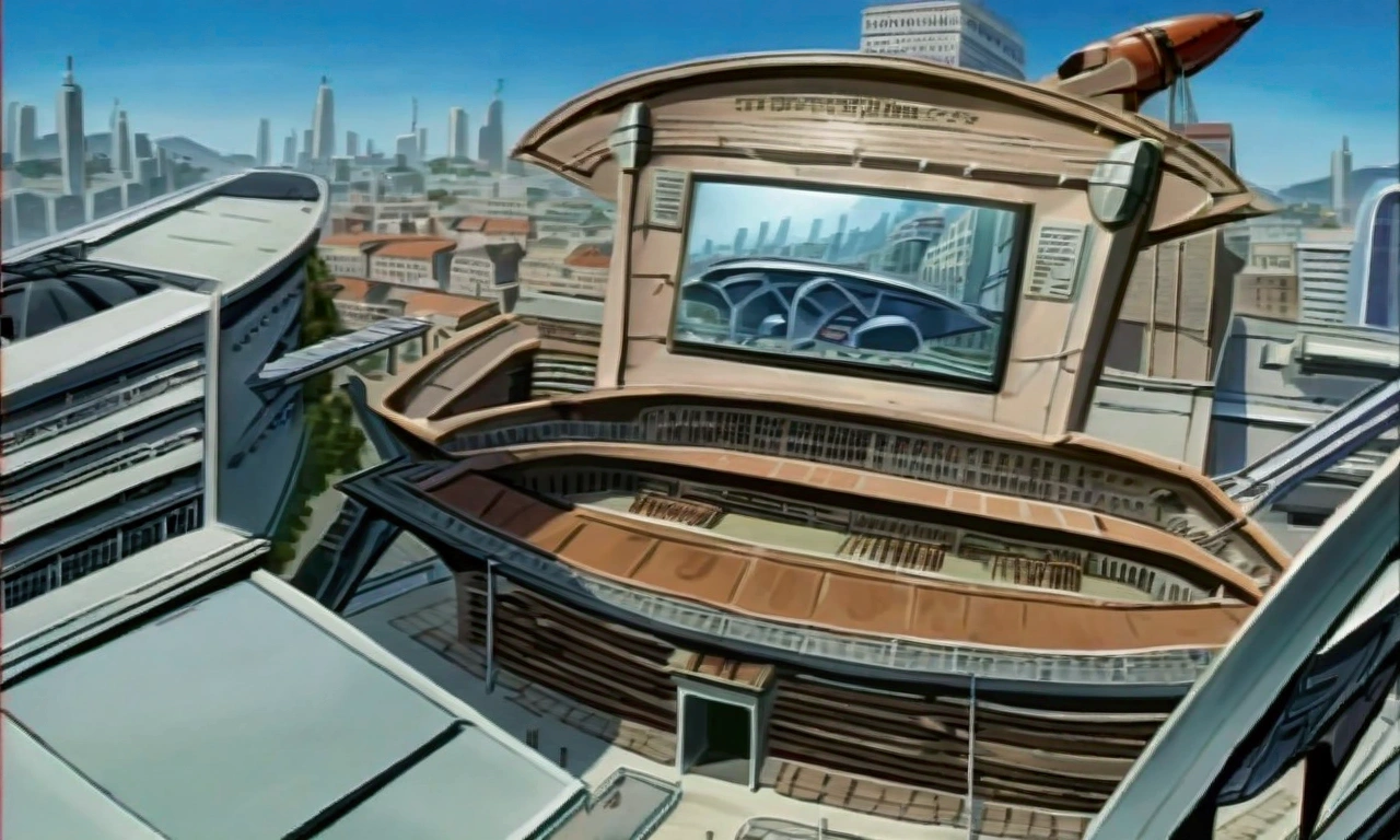 high resolution,80SF anime painting from the 1980s,background,Stadium,Airship with advertising monitor,noon,City,16:9,building,Slam