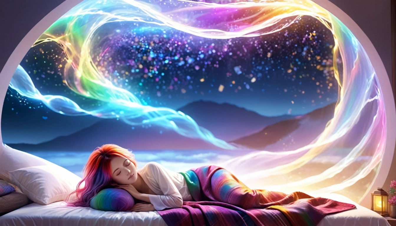 {{masterpiece}}, Highest quality, Highly detailed CG synthesis 8k wallpaper, Cinema Lighting,, Woman lying in bed,Blankets and pillows nearby,Close your eyes and sleep,Large window at the back, quiet night. , Multi-colored hair, (colorful:1.5), (colorful hair:1.5),