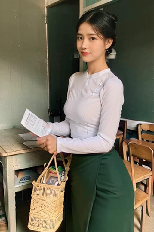 School teachers is 30years old.Tall, thin, big hips, big breasts, black hair, small lips, brown eyes, attractive, K.Top=white Burmese blouse,With long sleeves,Buttoned at the side.Bottom=(Dark green) long skirt.
Footwear=female Burmese sandals,The hair is knotted bun.