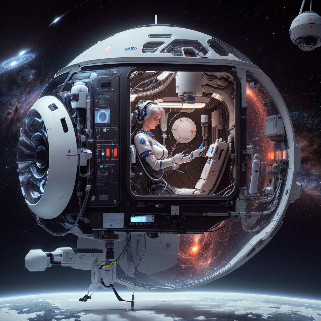 There is an AI medical robot nurse in the spaceship helping patients in the white ward with a drip stand., 3 d render,Surrealism, Depicted as a science fiction scene, daily art, Space travelling, In spaceships, masterpiece, of Space travelling