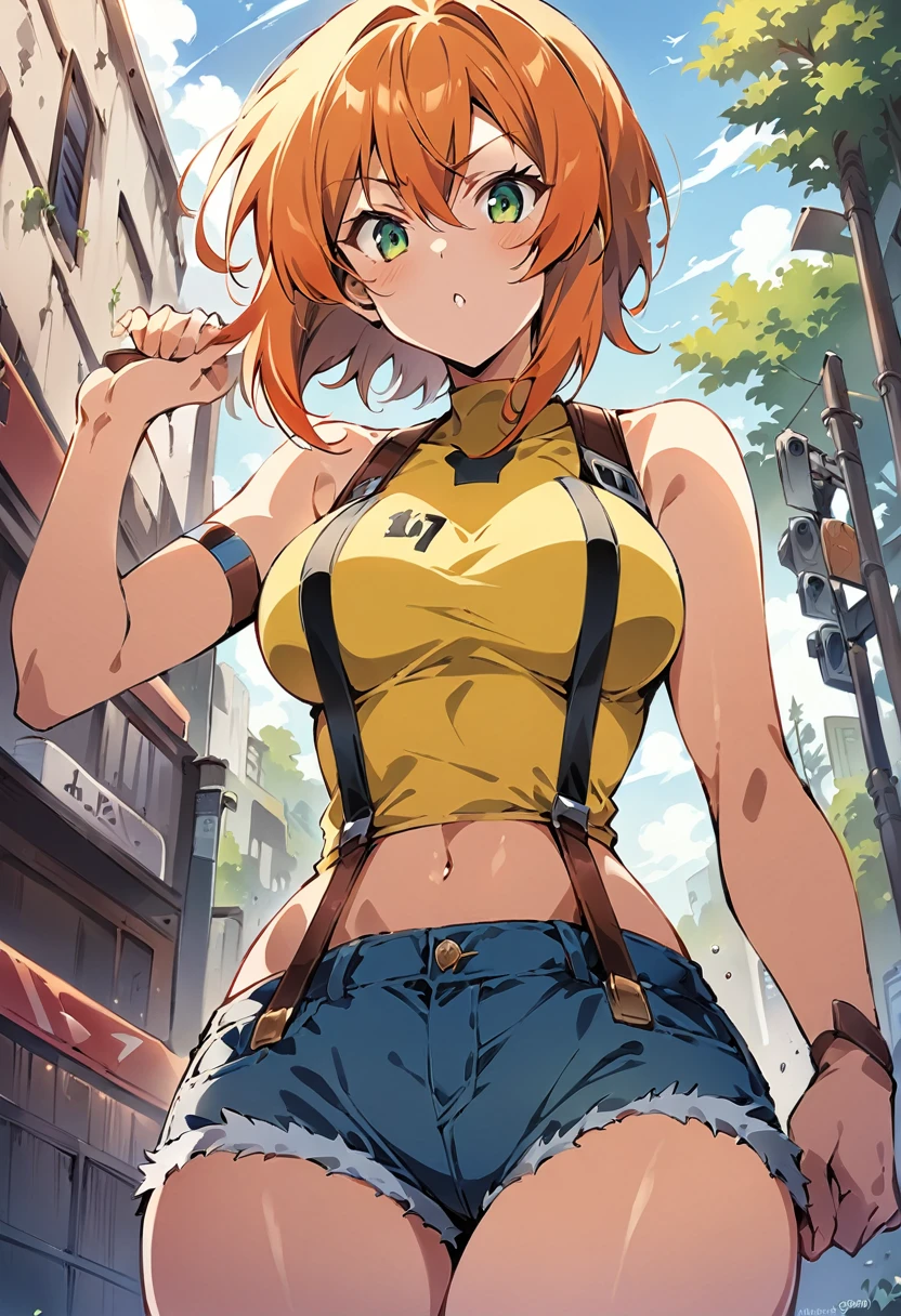 (score_9, score_8_up, score_7_up), ((best quality, masterpiece)),perfect anatomy,aesthetic,very aesthetic,official style,source_anime.from front,(front view),breast focus:1.5 ,standing,, (mature) ,1girl,misty. Pokémon style,Outdoor, Green Eyes, Orange Hair, , Yellow Shirt, Sleeveless shirt,((stomach)), Denim shorts, suspenders, , (slender),