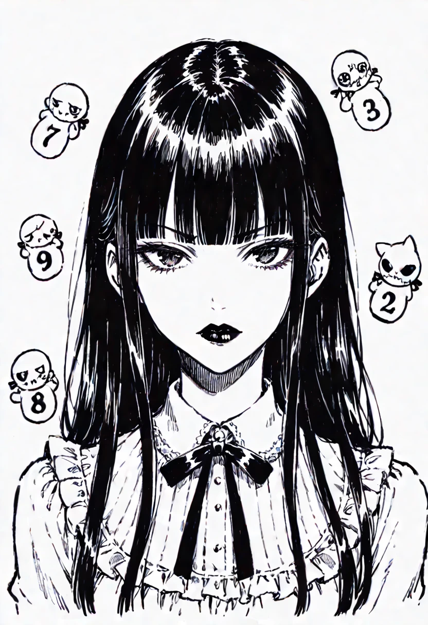 score_9, score_8_up, score_7_up, score_6_up, sp1t, monochrome, Hyper detailed hatching, pale, smooth skin, hair over both eyes, long straight black hair, blunt bangs, full lips, slender physique, ta fashion, black lips, scowl, centered