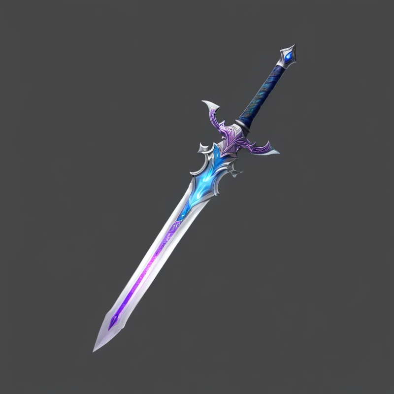 Close up of a sword with purple and blue patterns, Shining Sword, Fantasy Sword, Magic Sword, Glowing sword, Shining Sword, Fantasy Blade, Beautiful sword, Fantasy Sword of warrior, Fantasy weapons, Great Sword, Great Sword, Magic Sword, Sword weapons, Great Sword, Silver Sword, sci-fi sword, Serrated Sword, Great Sword
