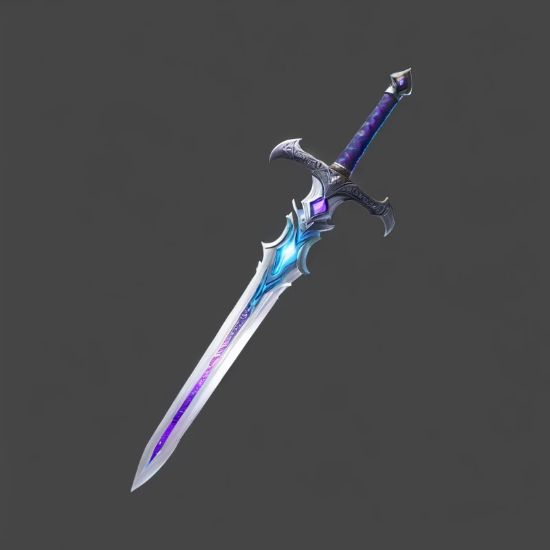 Close up of a sword with purple and blue patterns, Shining Sword, Fantasy Sword, Magic Sword, Glowing sword, Shining Sword, Fantasy Blade, Beautiful sword, Fantasy Sword of warrior, Fantasy weapons, Great Sword, Great Sword, Magic Sword, Sword weapons, Great Sword, Silver Sword, sci-fi sword, Serrated Sword, Great Sword