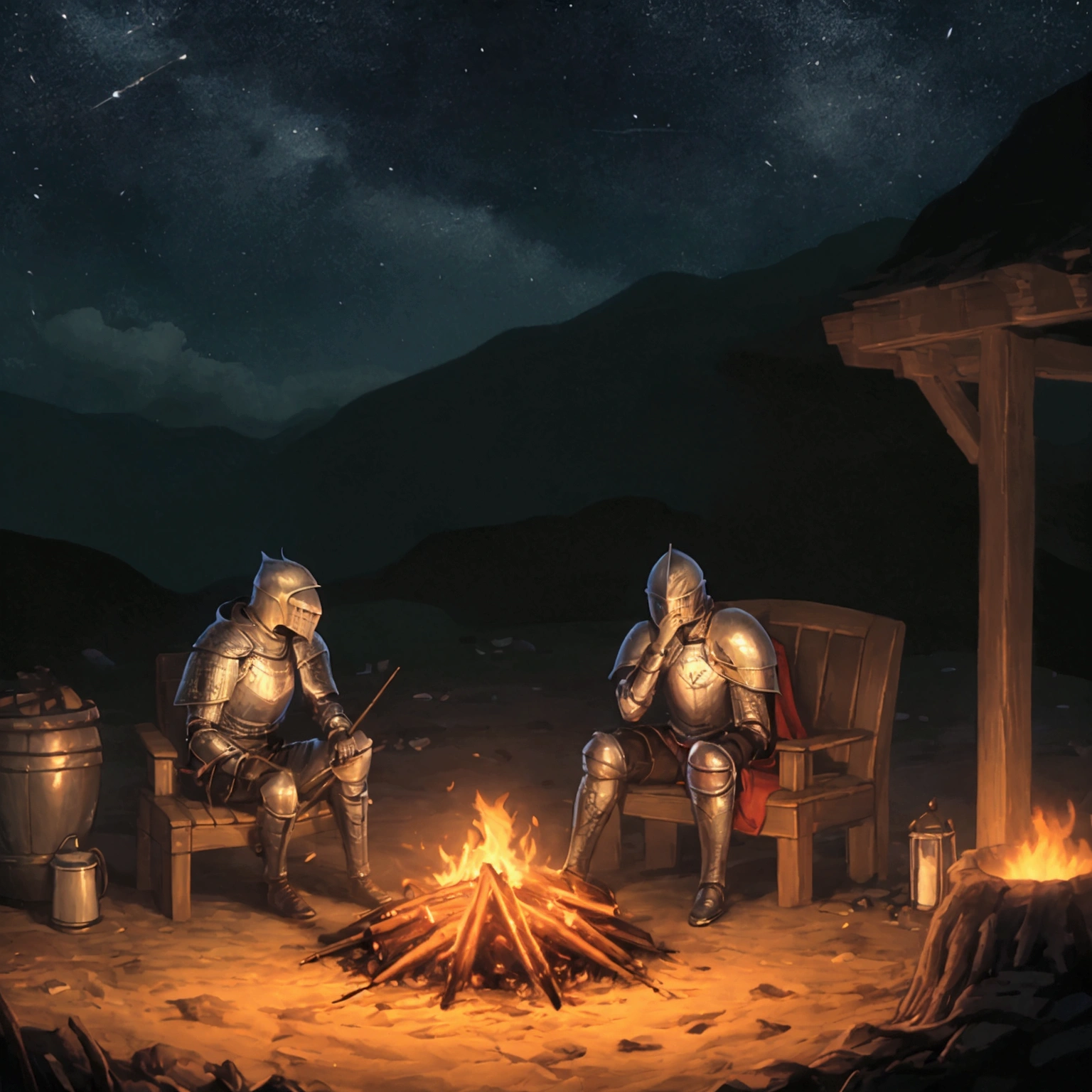 Create an image of two knights sitting and talking around a campfire at night. The first knight is wearing full armor with a closed helmet, while the second knight is wearing a cloak with a hood that partially covers his face. They are sitting near a burning campfire, with a dark night sky and stars in the background. Ensure that details such as the armor, cloak, and the campfire light illuminating their faces are clearly visible.