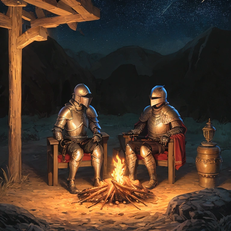 Create an image of two knights sitting and talking around a campfire at night. The first knight is wearing full armor with a closed helmet, while the second knight is wearing a cloak with a hood that partially covers his face. They are sitting near a burning campfire, with a dark night sky and stars in the background. Ensure that details such as the armor, cloak, and the campfire light illuminating their faces are clearly visible.