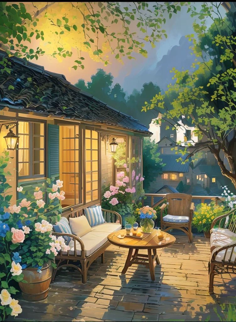 There is a table and chairs in the painting,There is also a terrace with flowers., Peaceful evening atmosphere, Summer Afternoon, Country Style!!, Rustic cottage, Night atmosphere, Soothing and comfortable landscape, Comfortable and peaceful atmosphere, Comfortable and charming scene, Thomas Kinkade. Lovely comfortable room, Warm home background, Summer environment, Detailed 4k, author:Li Keran