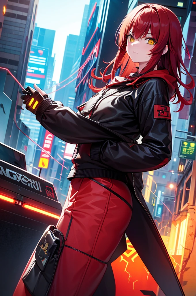 　Red Hair　Yellow Eyes　Bob　外はねBob　Confused eyes　Bob　Red Hair　Thick, vibrant red hair　Bob　whole body　female性　female　Cyberpunk Costume　Yellow costume　黄色いCyberpunk Costume　Dynamic pose　battle　electricity　Bobヘア electricityを操る