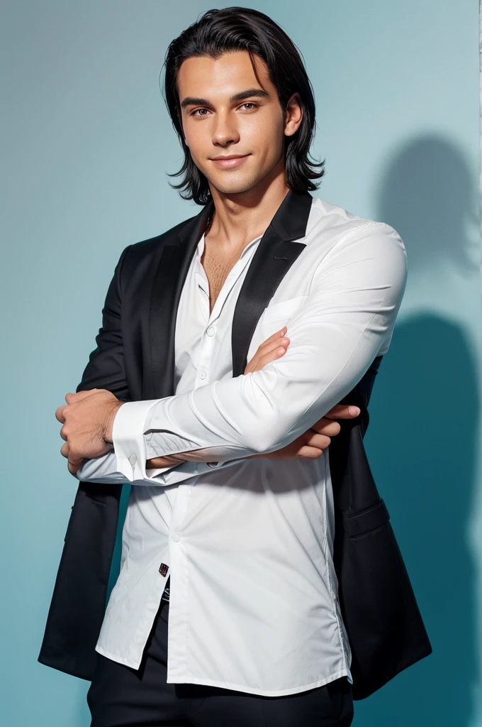 A young men with dark hair and a confident smile he is dress a black blazer over a white shirt A man is positioned against aqua colour backdrop with a subtle red lighting of the rate site and posing for linkedin profile