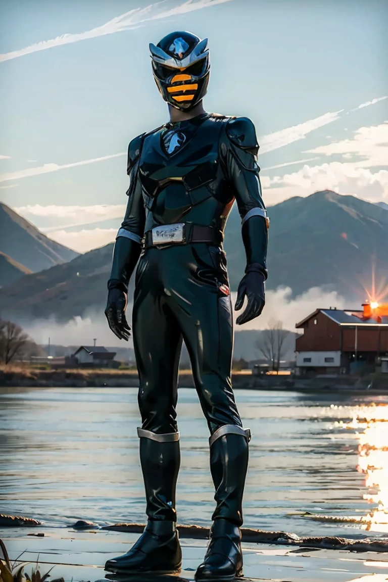 1boy, black, full body, Illustration, cinematic light, high resolution, best quality, ultra detailed, masterpiece, power suit, powerranger, suit, spd, (black ranger suit), gold detail, The sunset ,and the autumn river water and the vast sky are connected, rice farm,