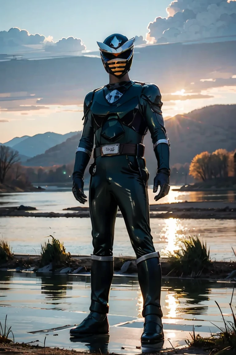 1boy, black, full body, Illustration, cinematic light, high resolution, best quality, ultra detailed, masterpiece, power suit, powerranger, suit, spd, (black ranger suit), gold detail, The sunset ,and the autumn river water and the vast sky are connected, rice farm,