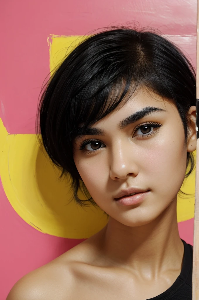 A young girl with short black hair, wavy, packed skin, flat nose, very large and black eyes that are the frame of your face, thick but not very big eyebrows. She wears yellow and likes to paint.