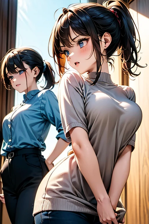 masterpiece, best quality, ultra-detailed, beautiful detailed eyes, jitome, (2girls:1.6)、((The woman on the right has short blonde hair、The woman on the left has black hair in a ponytail.)), (mid breast, , from below), blouse、skinny pants、Slender figure、Bewitching atmosphere、blush, pout, open wavy mouth, close up eyes,, standing straight, cleavege,