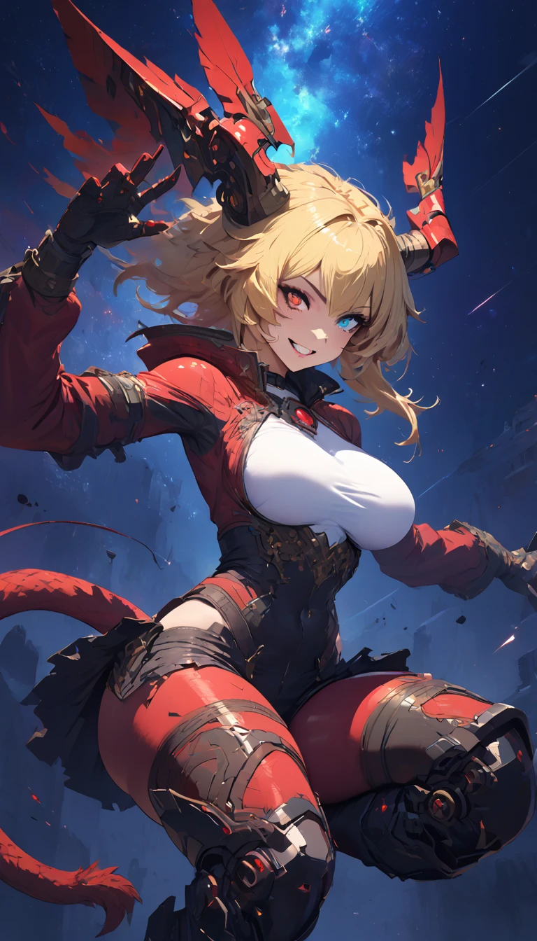 best quality,4k,8k,highres,masterpiece:1.2),ultra-detailed, extremely detailed eyes, extremely detailed body, (large masterpiece digital art), (detailed manga illustration), (detailed line art), ((perfect anatomy)), (intricate details:1.3), (ultra-detailed:1.3), (illustration:1.3), (sharp focus:1.3), (natural lighting:1.05), (vivid colors:1.3), (masterpiece), (best quality:1.4), (perfect anatomy:1.4), high quality, expressive eyes, full body, detailed face, beautiful face, perfect face, 1 girl, tall girl, ((blonde hair)), (raven hair), {{pale skin}}, ({pale skinned female}), chimera, large breasts, thick thighs, very long hair, bare shoulders, denim, (short shorts), dynamic lighting, high resolution, 4k resolution, dynamic pose, silver jewelry, {fantasy background}, choker, animal ears, (lion ears), {{snake head tail}}, (tail), ((streaked hair)), thigh-highs, horns, animal ears, skindentation, curvy, monster girl, heterochromia, hooves, wings, claws, thigh gap, white shirt, brown leather jacket, dynamic lighting, cinematic lighting, dynamic heroic pose, smiling, outer space background, curvy, Atey Ghailan, Jeremy Mann, Greg Manchess, Antonio Moro, trend in ArtStation, trend in CGSociety, Intricate, High Detail, Sharp focus, dramatic and photorealistic painting art by Midjourney and Greg Rutkowski, Jeff Bridges, ((cartoon style)), Marvel Cinematic Universe style