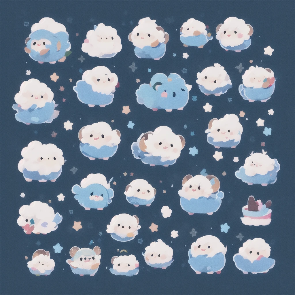 A whimsical blue sheep。emoji，anthropomorphic style，black strokes，pure white background，different emotions，multiple poss and expressions.8K