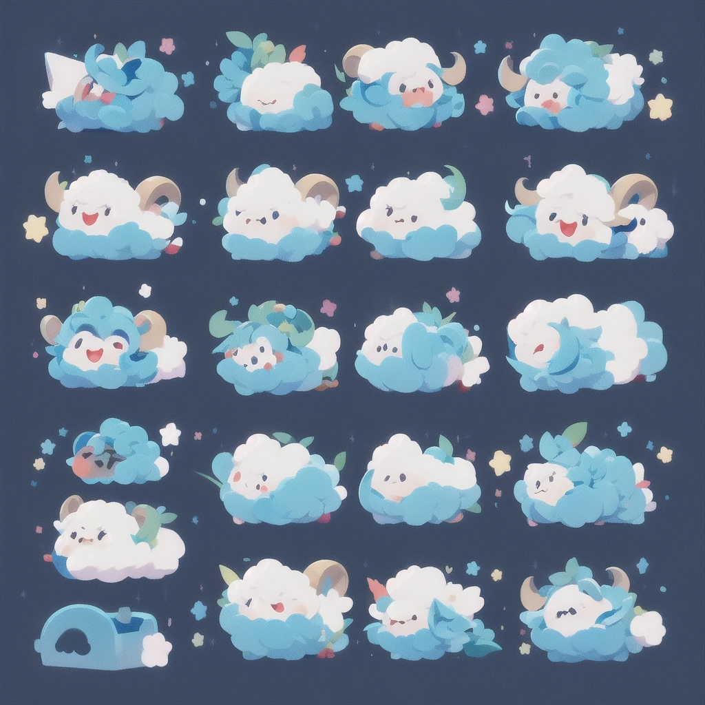 A whimsical blue sheep。emoji,anthropomorphic style,black strokes,pure white background,different emotions,multiple poss and expressions.8K