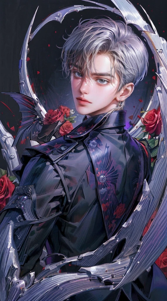 ((4K works))、​masterpiece、（top-quality)、((high-level image quality))、((One Beautiful Fallen Angel Man))、Slim body、((Vampire Black Y-Shirt Fashion))、(Detailed beautiful eyes)、((Red roses and crows on fantastic black background))、Inside the Evil Castle、((Face similar to Chaewon in Ruseraphim))、((short-haired))、(((bright silver hair)))、((Smaller face))、((Neutral face))、((Purple Eyes))、((Korean Male))、((18year old))、((wild boy))、((Bad look))、((Show your teeth and smile))、((Korean makeup with black eyeshadow))、((elongated and sharp eyes))、((Shot alone))、((Fallen angels))、Photos of fallen angels、Villain、Dark Proof、((Shot diagonally from the side))、Fallen Angel Pose