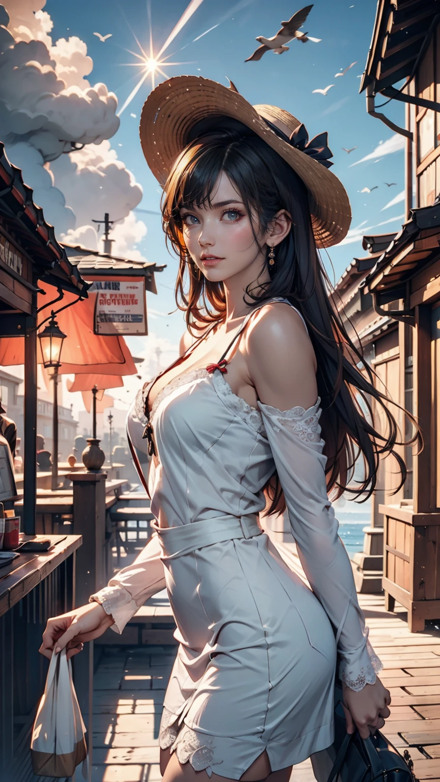 (3d:0.5,Realistic:0.5,photoRealistic:0.5),(Absurd,Super Resolution,masterpiece,Highest quality,In detail,Absurd:1.2), Dramatic Light, Dramatic lighting, Cinematic, Anime Scenery, makoto shinkai, Ghibli, Fantasy World, Magic, Beautiful sky, cloud, building, bike, Airplane trajectory, bird, Dramatic Lighting, Cinematic lighting, sunset, warm sunset, Warm sun, street, Depth of written boundary, Lens flare,19-year-old female、Sexy proportions、erotic、Accessories on your wrist、adult、Narrow waist、Sexy summer dress with lace decoration、Mules（Sandals）、Wide-brimmed hat decorated with ribbon、