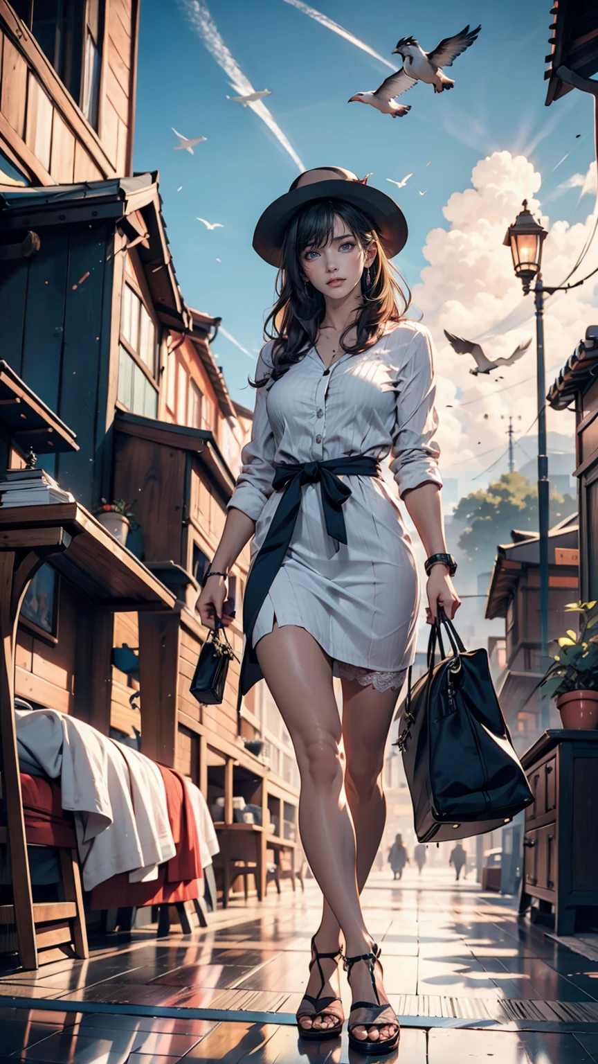 (3d:0.5,Realistic:0.5,photoRealistic:0.5),(Absurd,Super Resolution,masterpiece,Highest quality,In detail,Absurd:1.2), Dramatic Light, Dramatic lighting, Cinematic, Anime Scenery, makoto shinkai, Ghibli, Fantasy World, Magic, Beautiful sky, cloud, building, bike, Airplane trajectory, bird, Dramatic Lighting, Cinematic lighting, sunset, warm sunset, Warm sun, street, Depth of written boundary, Lens flare,19-year-old female、Sexy proportions、erotic、Accessories on your wrist、adult、Narrow waist、Sexy summer dress with lace decoration、Mules（Sandals）、Wide-brimmed hat decorated with ribbon、