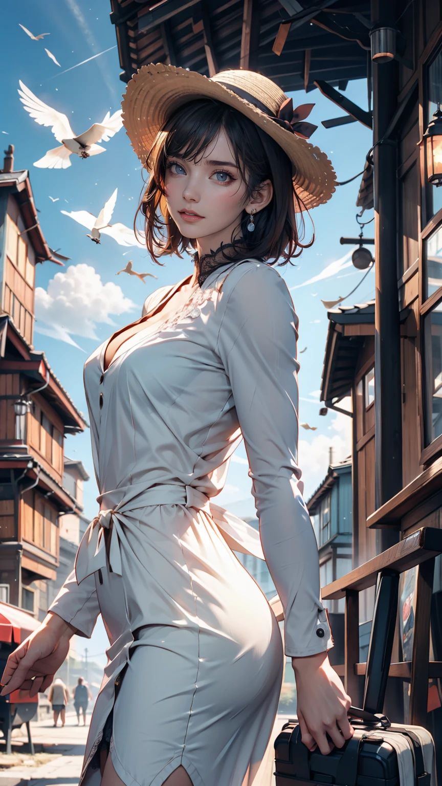 (3d:0.5,Realistic:0.5,photoRealistic:0.5),(Absurd,Super Resolution,masterpiece,Highest quality,In detail,Absurd:1.2), Dramatic Light, Dramatic lighting, Cinematic, Anime Scenery, makoto shinkai, Ghibli, Fantasy World, Magic, Beautiful sky, cloud, building, bike, Airplane trajectory, bird, Dramatic Lighting, Cinematic lighting, sunset, warm sunset, Warm sun, street, Depth of written boundary, Lens flare,19-year-old female、Sexy proportions、erotic、Accessories on your wrist、adult、Narrow waist、Sexy summer dress with lace decoration、Mules(Sandals)、Wide-brimmed hat decorated with ribbon、