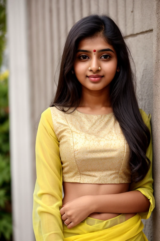 INDIAN GIRL, AGE 24, WEARING SAARI, GREEN COLOR SAARI, YELLOW COLOR BLOUSE