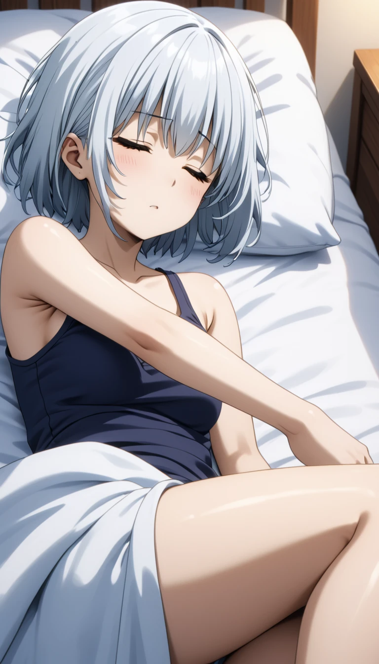 (Highest quality、Masterpiece、Very detailed、4K)、One Woman、************、Silver Hair、short hair、(((beta)))、chest、arm、Beautiful face、Thighs、((Wrestler Tank Top))、((Sleeping in bed))