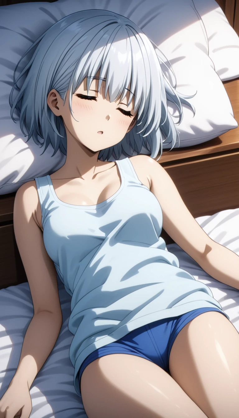 (Highest quality、Masterpiece、Very detailed、4K)、One Woman、17 years old、Silver Hair、short hair、(((beta)))、chest、arm、Beautiful face、Thighs、((Wrestler Tank Top))、((Sleeping in bed))