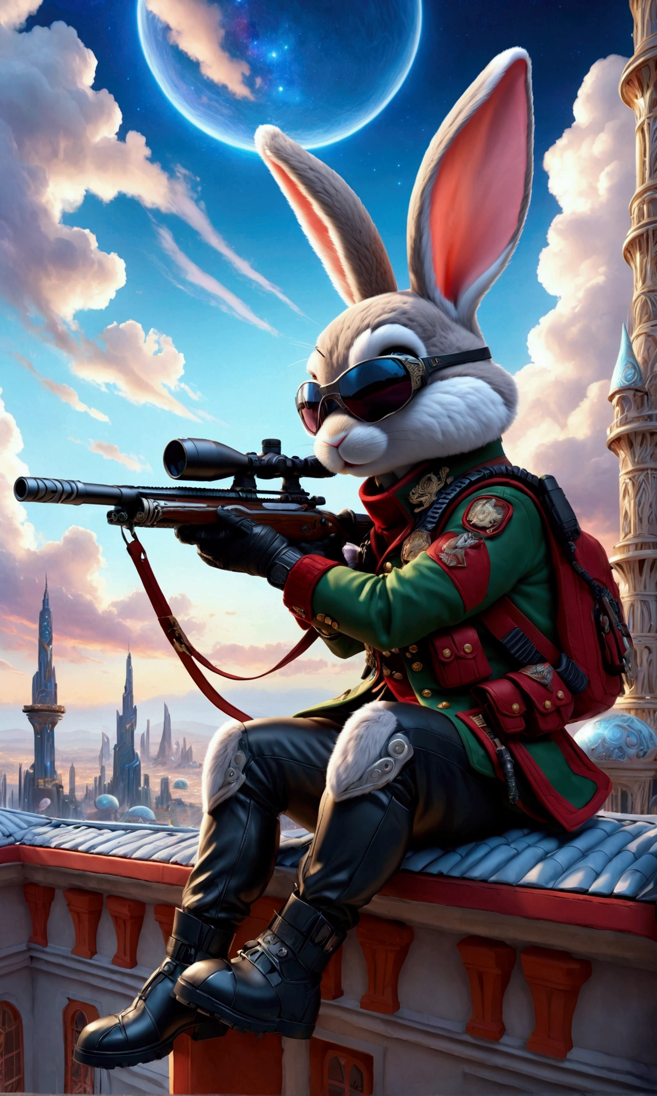 (Close-up of anthropomorphic bunny sitting on edge of roof and aiming with elite sniper rifle:1.3), (rifle has ornate red handle:1.1), (stylish high-neck military jacket:1.1), black-white clothes, (leather gloves, cool glasses:1.1), (pants with pockets:1.2), (background is futuristic towers:1.1), (beautiful cloudy twilight:1.2), (futuristic architecture with intricate otherworldly design:1.2), bright colors, masterpiece in maximum 16K resolution, best quality, ultra detailed, aesthetics, absurdes.