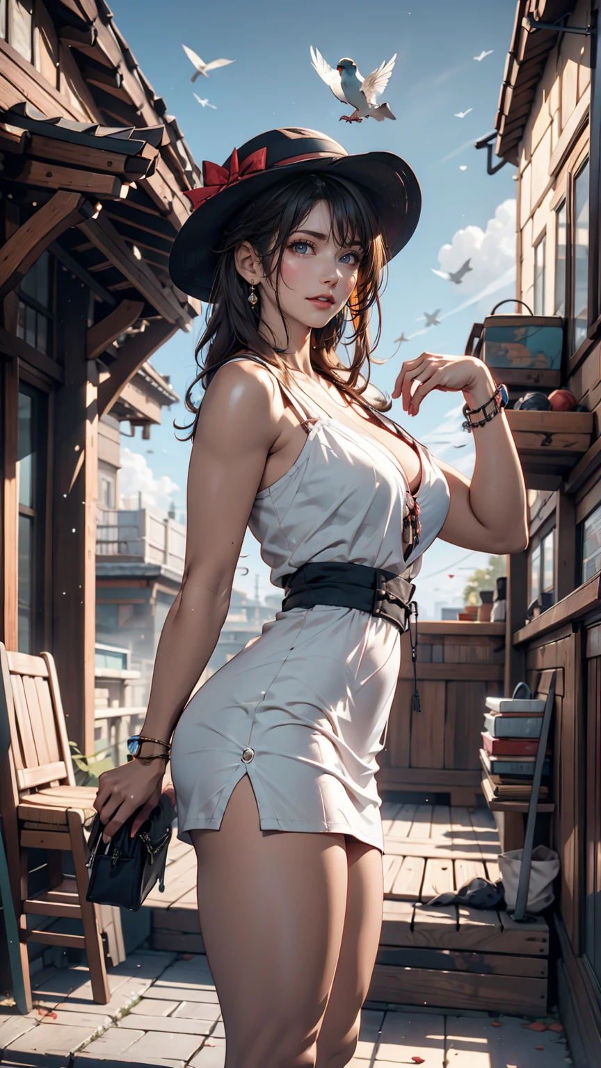 (3d:0.5,Realistic:0.5,photoRealistic:0.5),(Absurd,Super Resolution,masterpiece,Highest quality,In detail,Absurd:1.2), Dramatic Light, Dramatic lighting, Cinematic, Anime Scenery, makoto shinkai, Ghibli, Fantasy World, Magic, Beautiful sky, cloud, building, bike, Airplane trajectory, bird, Dramatic Lighting, Cinematic lighting, sunset, warm sunset, Warm sun, street, Depth of written boundary, Lens flare,19-year-old female、Sexy proportions、erotic、Accessories on your wrist、adult、Narrow waist、Sexy summer dress with lace decoration、Mules(Sandals)、Wide-brimmed hat decorated with ribbon、