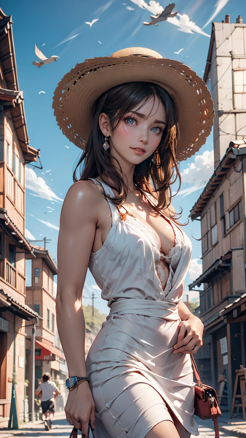 (3d:0.5,Realistic:0.5,photoRealistic:0.5),(Absurd,Super Resolution,masterpiece,Highest quality,In detail,Absurd:1.2), Dramatic Light, Dramatic lighting, Cinematic, Anime Scenery, makoto shinkai, Ghibli, Fantasy World, Magic, Beautiful sky, cloud, building, bike, Airplane trajectory, bird, Dramatic Lighting, Cinematic lighting, sunset, warm sunset, Warm sun, street, Depth of written boundary, Lens flare,19-year-old female、Sexy proportions、erotic、Accessories on your wrist、adult、Narrow waist、Sexy summer dress with lace decoration、Mules(Sandals)、Wide-brimmed hat decorated with ribbon、