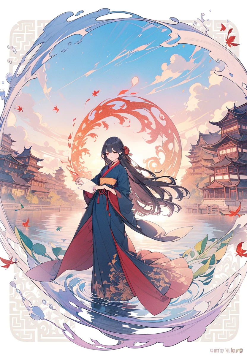 Official Art, unity 8k wallPaper, Extremely detailed, beautiful and aesthetic, masterpiece, best quality, (fire, water, Ribbon, Paper cutting), (Fractal Art:1.3) 1 Girl,architecture, (Solitary:1.5), Chinese_clothing, Sky, outdoor, Wide_sleeve, Black_hair, Sunset, (come down_Leaves:1.2), Entern, (Paper_lEntern:1.5),blue Sky, (outdoor:1.5),Hanfu, (Rainbow Candy:0.8), (Style Swirl Magic:0.8),