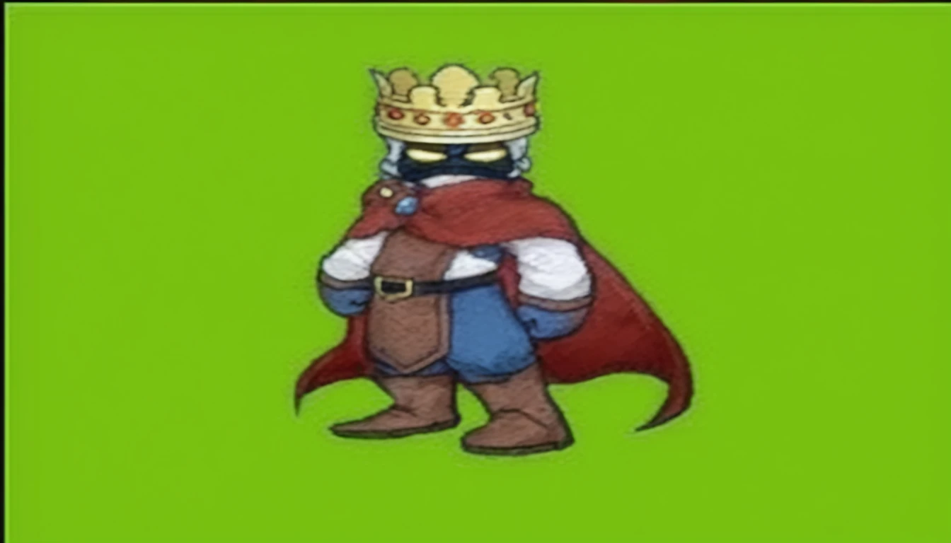 There is a king wearing a crown and he has glowing yellow eyes and he is also wearing a cape and he is wearing a white shirt and blue pants and brown boots and blue gloves.