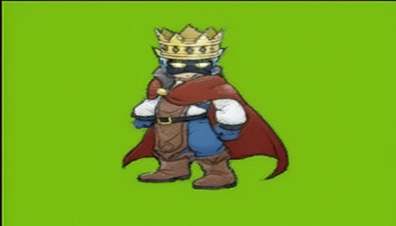 There is a king wearing a crown and he has glowing yellow eyes and he is also wearing a cape and he is wearing a white shirt and blue pants and brown boots  and blue gloves.
