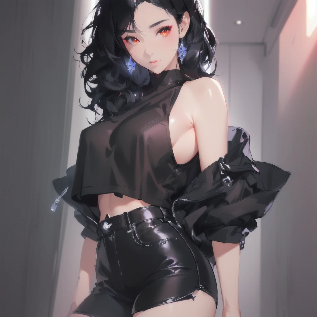 a close up of a woman in a black top and black shorts, seductive anime girl, ig model | artgerm, by Yang J, extremely detailed artgerm, attractive anime girl, artwork in the style of guweiz, ross tran style, style artgerm, by Russell Dongjun Lu, guweiz, beautiful alluring anime woman, anime girl