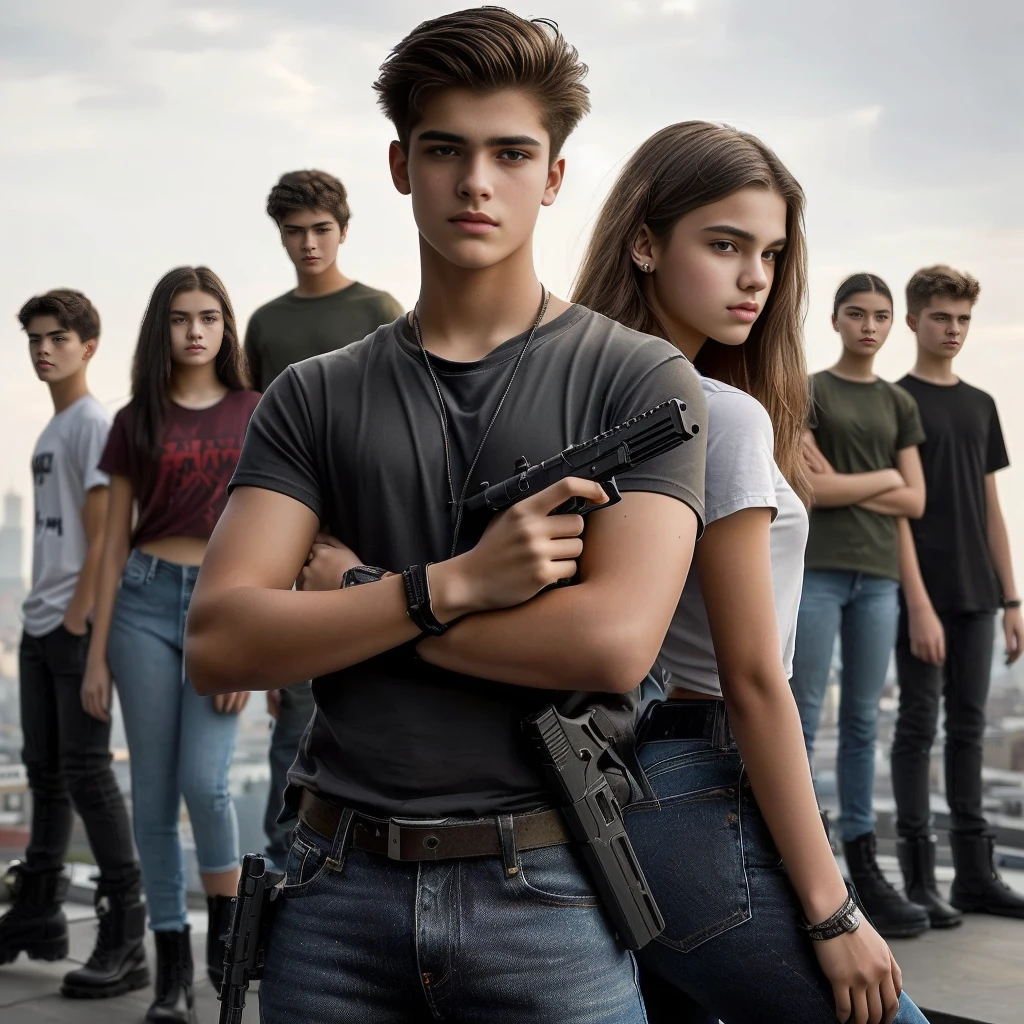 A very handsome and serious 15 years old teenager, wearing t-shirt, jeans and black army boots with a New Caliber, Glock G44 in hand stands back to back with a beautiful teenage girl. A group of teenagers stands behind them. In the background, we see they’re standing on a rooftop with a city stretching behind them.