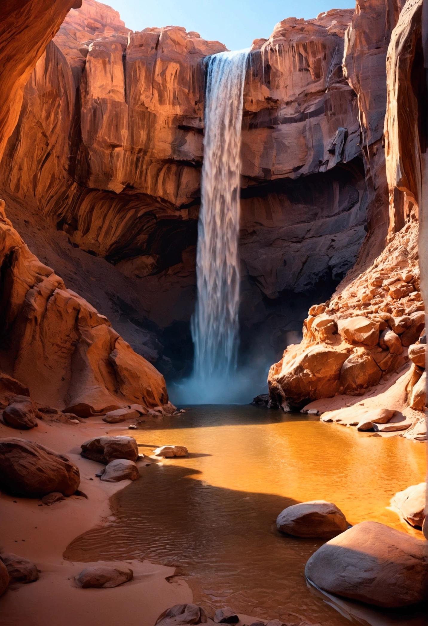 landscape，desert and waterfall，a high resolution, Detailed Image，amazing view，Mysterious light and shine．