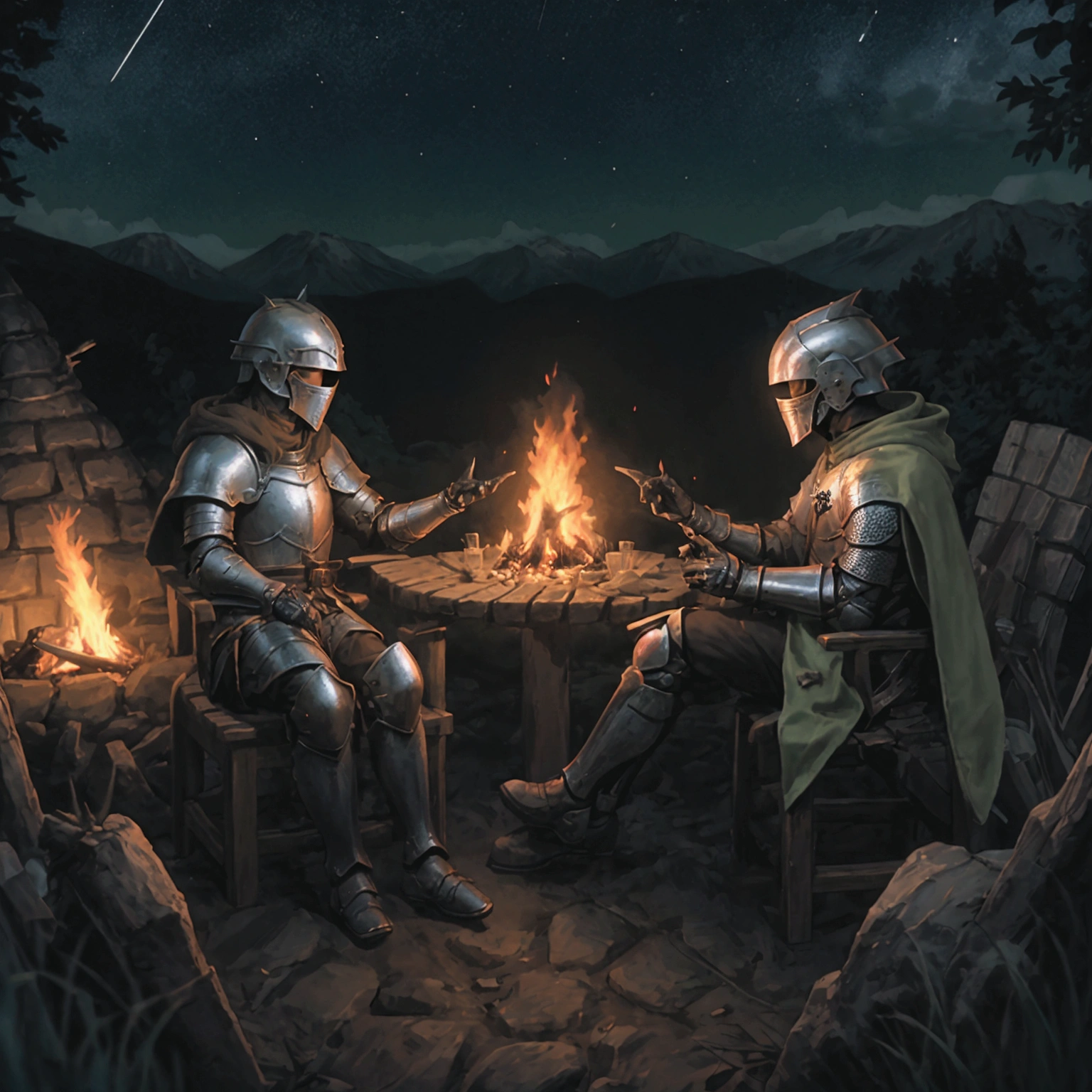 Create an image of two knights sitting and talking around a campfire at night. The first knight is wearing full armor with a closed helmet, while the second knight is wearing a cloak with a hood that partially covers his face. They are sitting near a burning campfire, with a dark night sky and stars in the background. Ensure that details such as the armor, cloak, and the campfire light illuminating their faces are clearly visible.