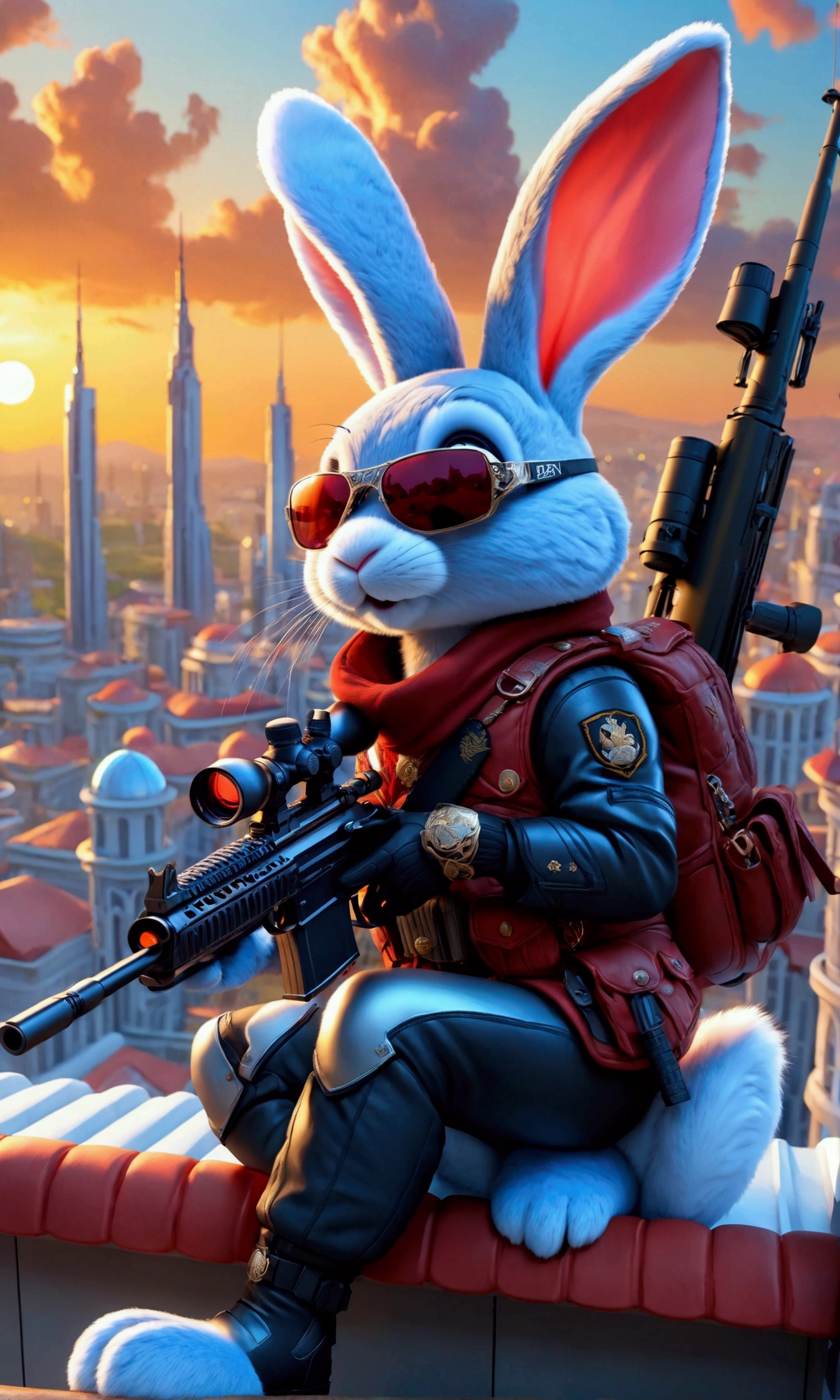 (Close-up of anthropomorphic bunny sitting on edge of roof and aiming with elite sniper rifle:1.3), (rifle has ornate red handle:1.1), (stylish high-neck military jacket:1.1), black-white clothes, (leather gloves, cool glasses:1.1), (pants with pockets:1.2), (background is futuristic towers:1.1), (beautiful cloudy twilight:1.2), (futuristic architecture with intricate otherworldly design:1.2), bright colors, masterpiece in maximum 16K resolution, best quality, ultra detailed, aesthetics, absurdes.