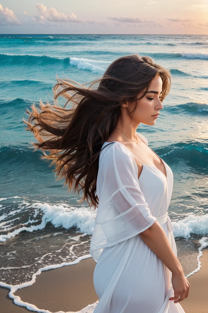 A woman’s hair depicted as ocean waves, full of volume and movement, with a serene beach backdrop.