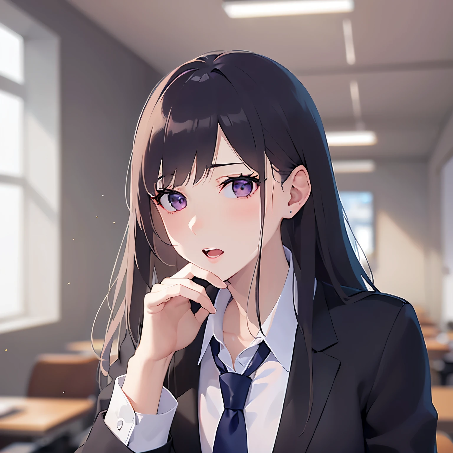 (hand on own face:1.3), Upper Body, Realistic, real person, (pale skin: 1.2), RAW photo, photorealistic, shiny skin, shiny hair、(A 25-year-old woman with straight hair and bangs) and (medium hair) and (black hair) and (purple eyes) , (business suit:1.5) and (white collared shirt)、Serious expression, open mouth, The background is the conference room、Alone、Are standing