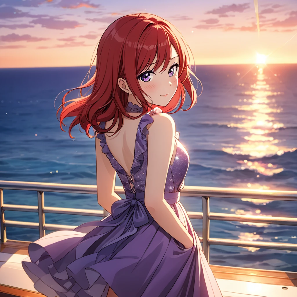 Highest quality、masterpiece、Maki Nishikino、(Purple Eyes)、Red Hair、Embarrassed face、Looking back、Arms behind back、sunset、cruising、dress、Sparkling、Ocean