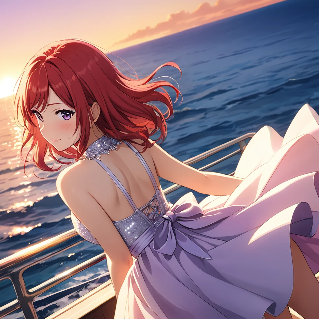 Highest quality、masterpiece、Maki Nishikino、(Purple Eyes)、Red Hair、Embarrassed face、Looking back、Arms behind back、sunset、cruising、dress、Sparkling、Ocean