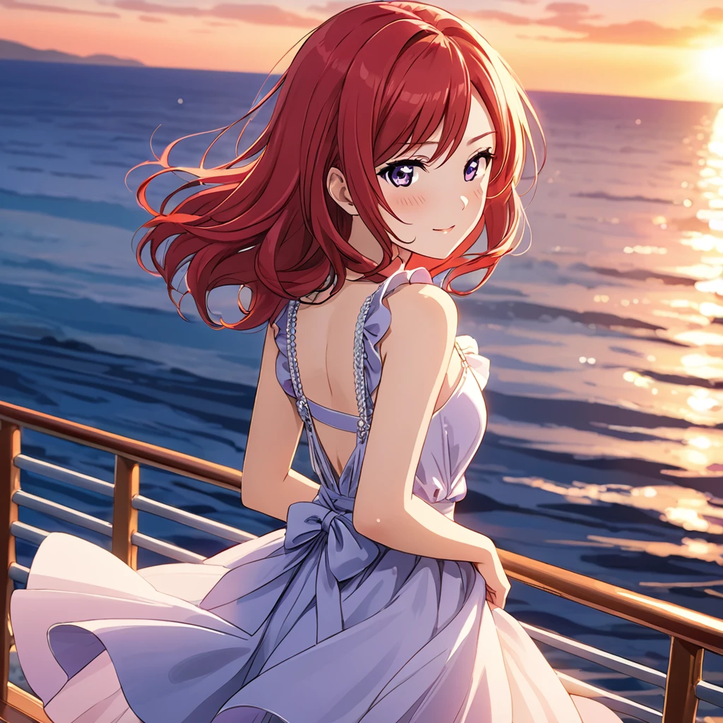 Highest quality、masterpiece、Maki Nishikino、(Purple Eyes)、Red Hair、Embarrassed face、Looking back、Arms behind back、sunset、cruising、dress、Sparkling、Ocean