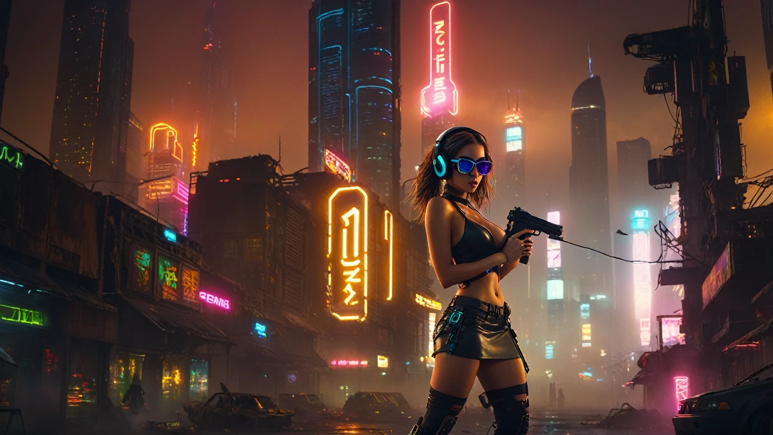 dark futuristic landscape, at night, neon lights, Atmospheric fog, large buildings in the background, futuristic city, streets with open shops, skyscraper (postapocalyptic city:1.3). (((1girl, solo, alone))), large-breast:1.2 slim body, cleavage:1.1, sexy miniskirt, (((headphone, black sunglasses, standing and holding pistol pose))), (((half-body thigh level medium shot))), cinematic lighting, lens flare, ray tracing.