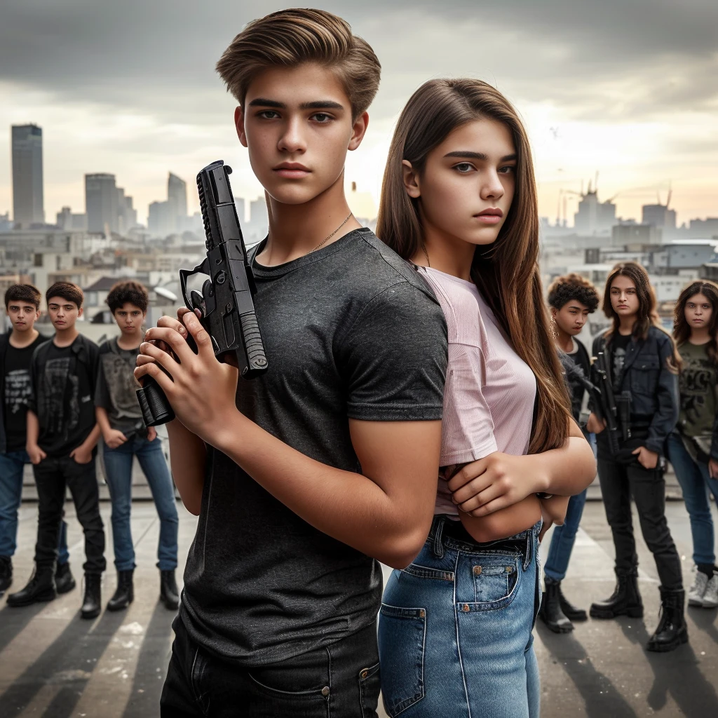 A very handsome and serious 15 years old teenager, wearing t-shirt, jeans and black army boots with a New Caliber, Glock G44 in hand stands back to back with a beautiful teenage girl. A group of teenagers stands behind them. In the background, we see they’re standing on a rooftop with a city stretching behind them.