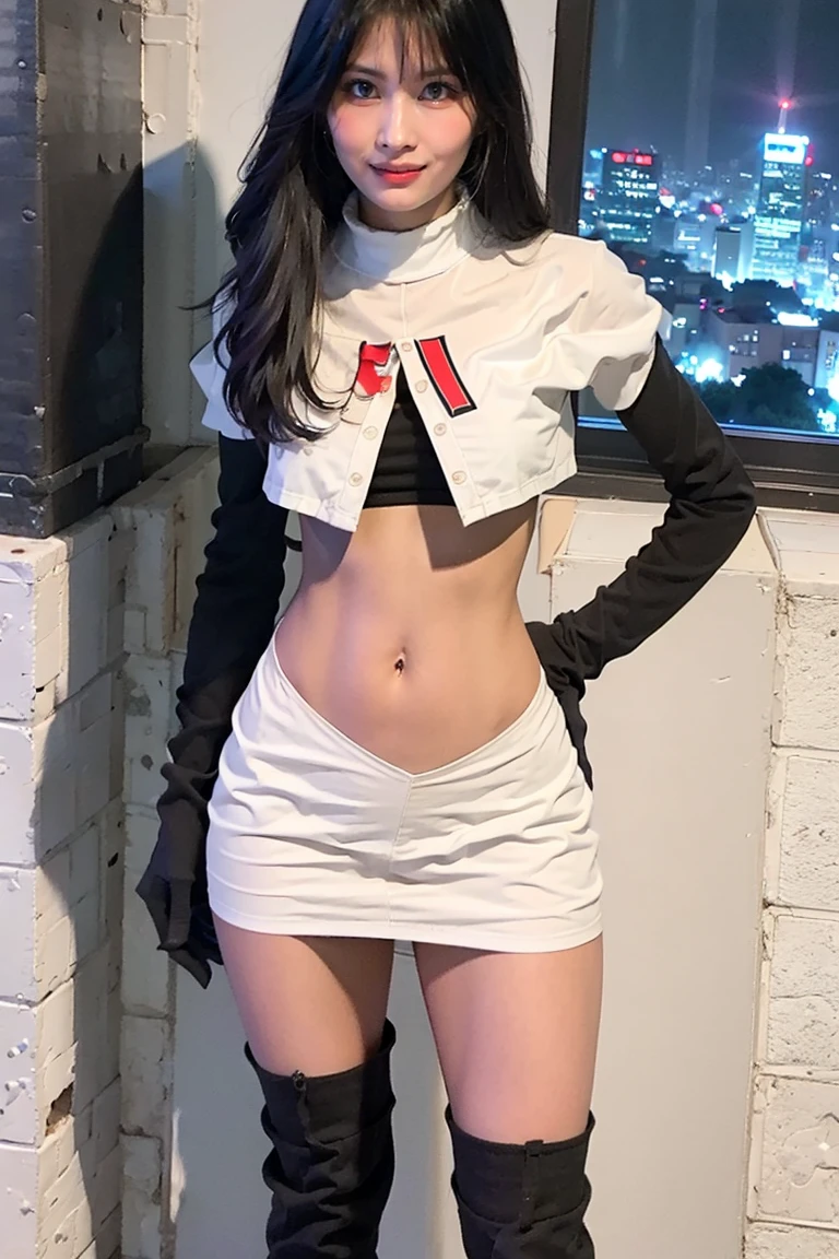 "1girl,photo of momo, brown hair,best quality, team rocket,team rocket uniform, red letter R, white skirt,white crop top,black thigh-highs, black elbow gloves,(detailed face:1.4), (looking at viewer:1.4), shiny skin, smile, city at night background ,(full body:1)