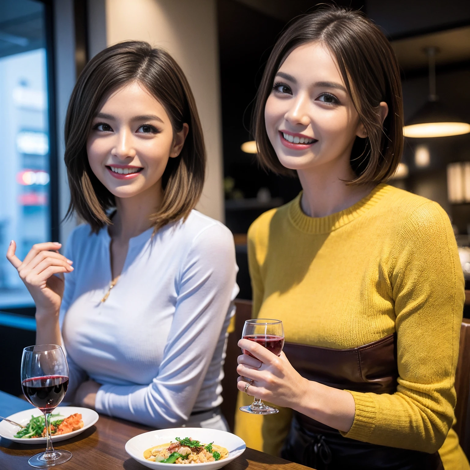 （Realistic:1.1）,(masterpiece,Highest quality)，8k,((Two Women)), (45 years old), 42 years old, slimカップル、modelカップル、actress男優、Tight waist,Upper Body,full-course dinner、wine 、Amazing view of the sunset sky and clouds、Perfect Anatomy, Brown Hair, Short Hair,Random Hairstyles,((Highly detailed face and eyes:1.2))(cute顔:1.4)，美しいactressの顔，Perfect golden ratio face，Long sleeve shirt、dress,(smile:1.2)、Shortcuts、cute、(Realistic, Intricate details:1.2), A bright smile、short hair,Bright Face、赤wine 、Appetizers、Italian food、wine bottle、Champagne、スパークリングwine、Brown Hair、Shortcuts、(slimな顔), (The body is slim), (Brown Hair), (Shortcuts), cheeks turn a little red,restaurant, In a prominent place (From the waist up) Nova Frog Style, actress, model, Upper Body, 白wine, slim, wineグラス, 