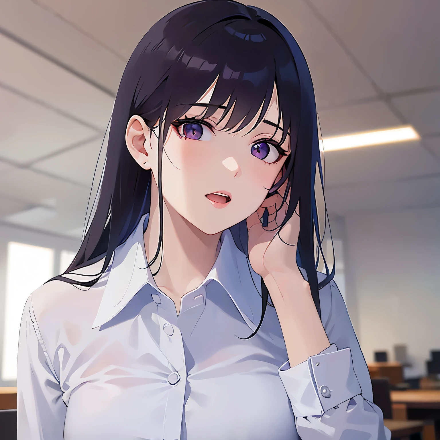 (hand on own face:1.3), Upper Body, Realistic, real person, (pale skin: 1.2), RAW photo, photorealistic, shiny skin, shiny hair、(A 25-year-old woman with straight hair and bangs) and (medium hair) and (black hair) and (purple eyes) , (business suit:1.5) and (white collared shirt)、Serious expression, open mouth, The background is the conference room、Alone、Are standing