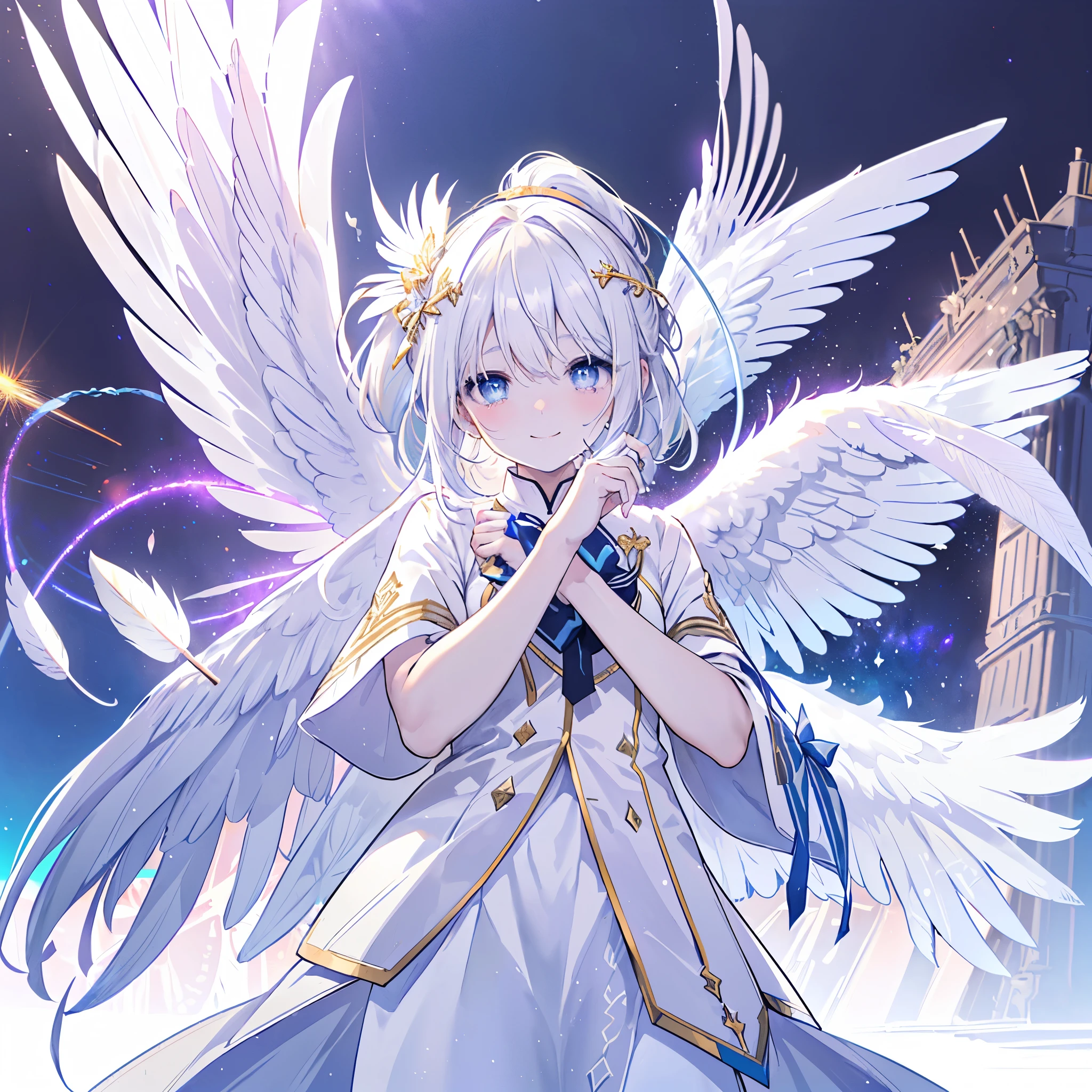 ((((Archangel、４Feathers、Angel Halo　Galaxy Background　Show the whole picture))))　(((uniform　White Hair、ponytail　White skin、Neon blue eyes、Pop stareteors)))　((Pillar of Light))　(Tears　smile)　Shining Edge、Shining Background