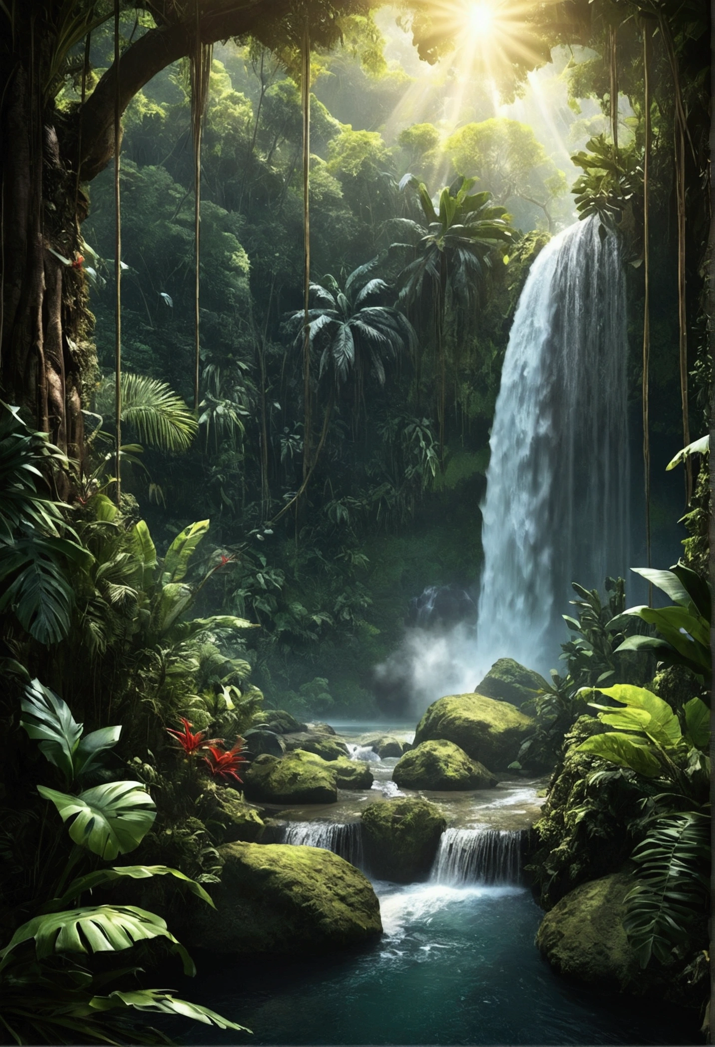 landscape,tropical forest and waterfall,a high resolution, Detailed Image,amazing view,Mysterious light and shine.